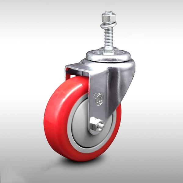 4 Inch SS Red Polyurethane Wheel Swivel 10mm Threaded Stem Caster SCC